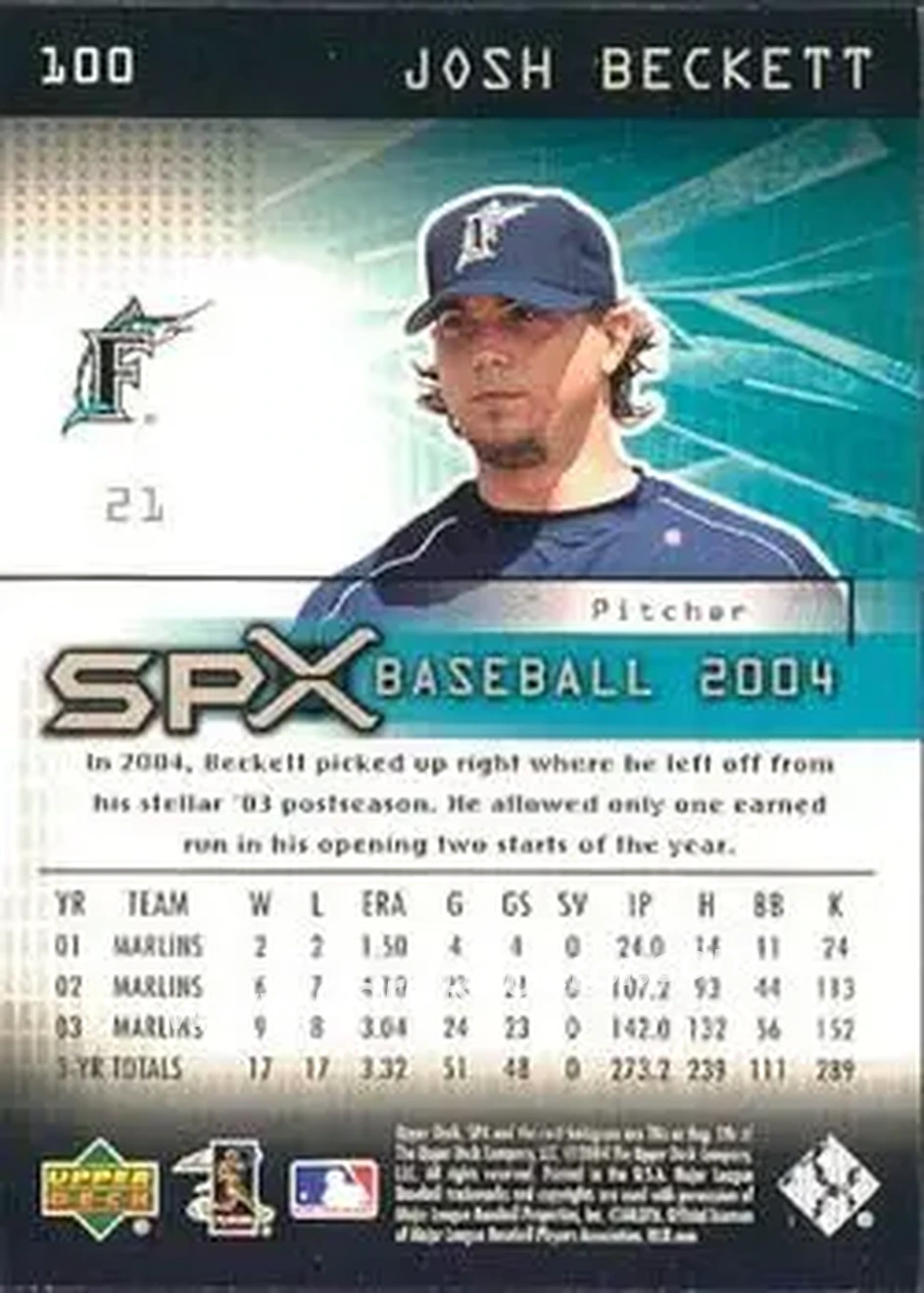 2004 SPx #100 - Josh Beckett - Florida Marlins - Back