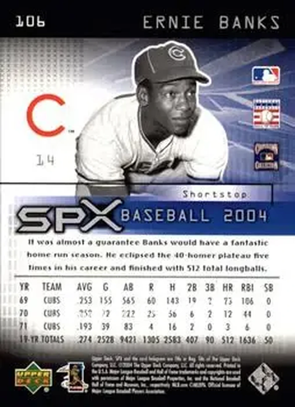 2004 SPx #106 - Ernie Banks - Chicago Cubs - Back 2004 SPx #106 - Ernie Banks - Chicago Cubs - Back