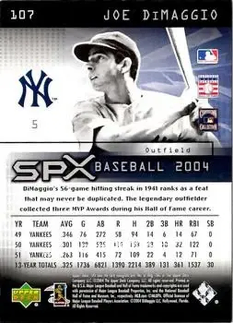2004 SPx #107 - Joe DiMaggio - New York Yankees - Back 2004 SPx #107 - Joe DiMaggio - New York Yankees - Back