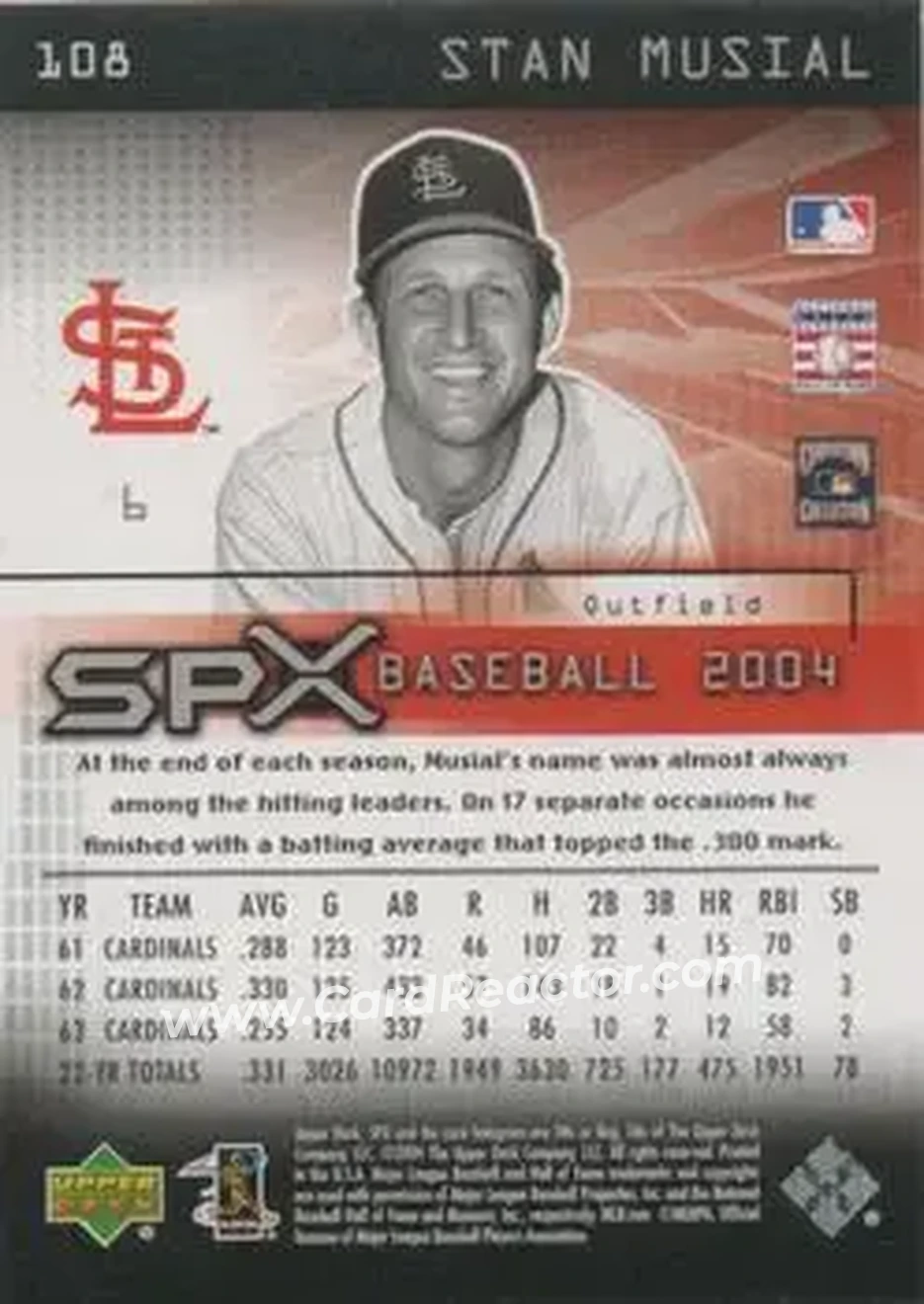 2004 SPx #108 - Stan Musial - St. Louis Cardinals - Back 2004 SPx #108 - Stan Musial - St. Louis Cardinals - Back