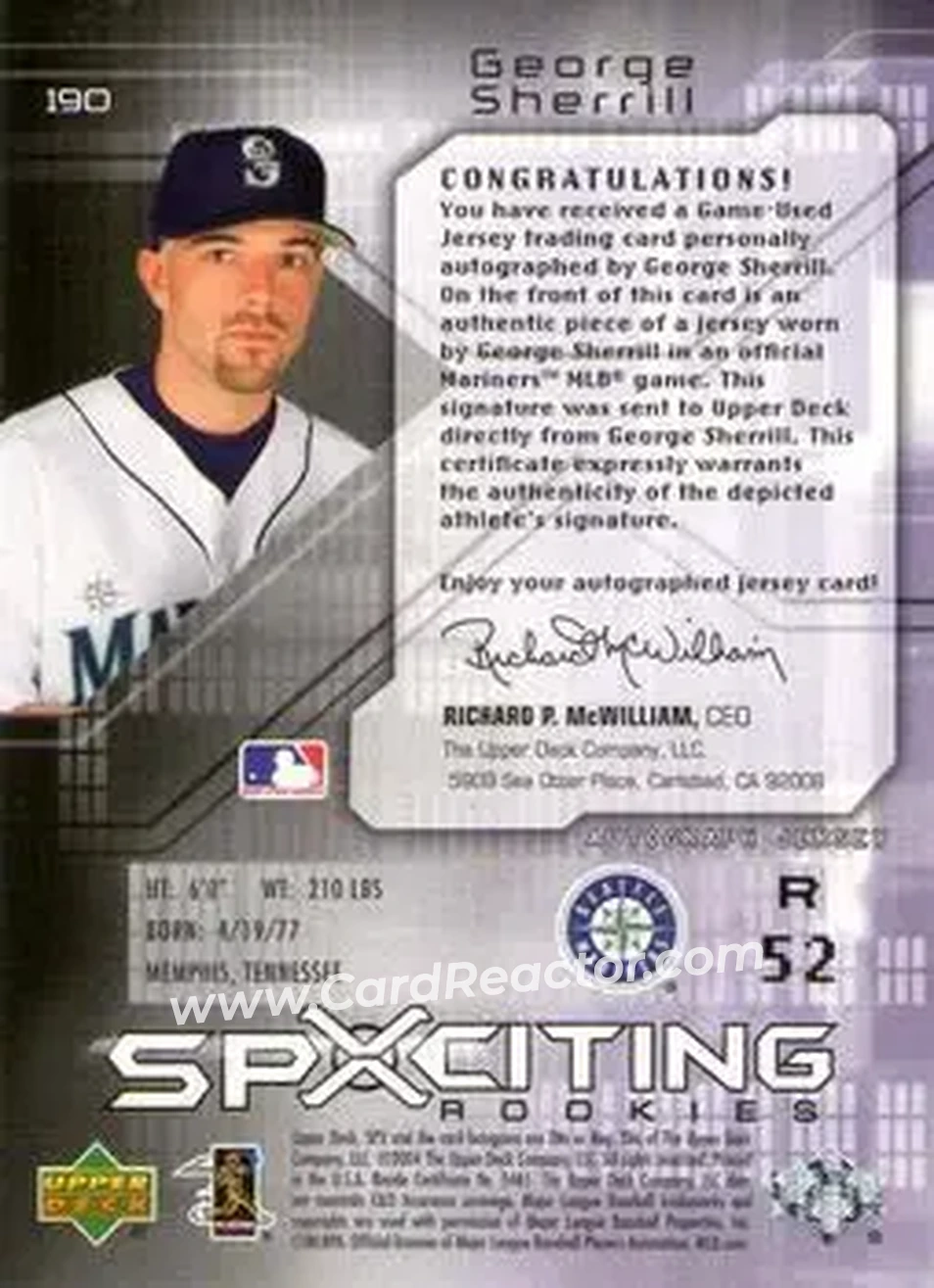 2004 SPx #190 - George Sherrill - Seattle Mariners - Back 2004 SPx #190 - George Sherrill - Seattle Mariners - Back