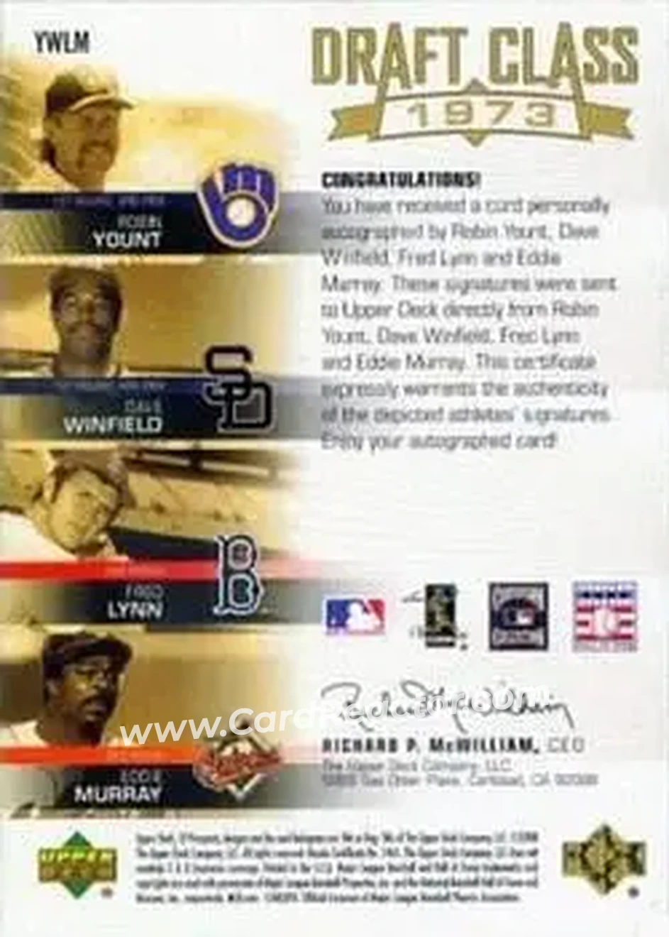 2004 SP Prospects - Draft Class Quad Autographs #YWLM - Robin Yount - Dave Winfield - Fred Lynn - Eddie Murray - Back