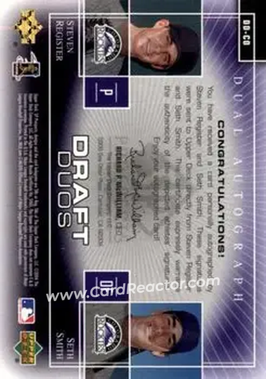 2004 SP Prospects - Draft Duos Dual Autographs #DD-CO - Steven Register - Seth Smith - Colorado Rockies - Back 2004 SP Prospects - Draft Duos Dual Autographs #DD-CO - Steven Register - Seth Smith - Colorado Rockies - Back
