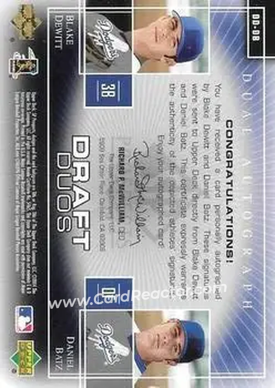 2004 SP Prospects - Draft Duos Dual Autographs #DD-DB - Blake Dewitt - Daniel Batz - Los Angeles Dodgers - Back