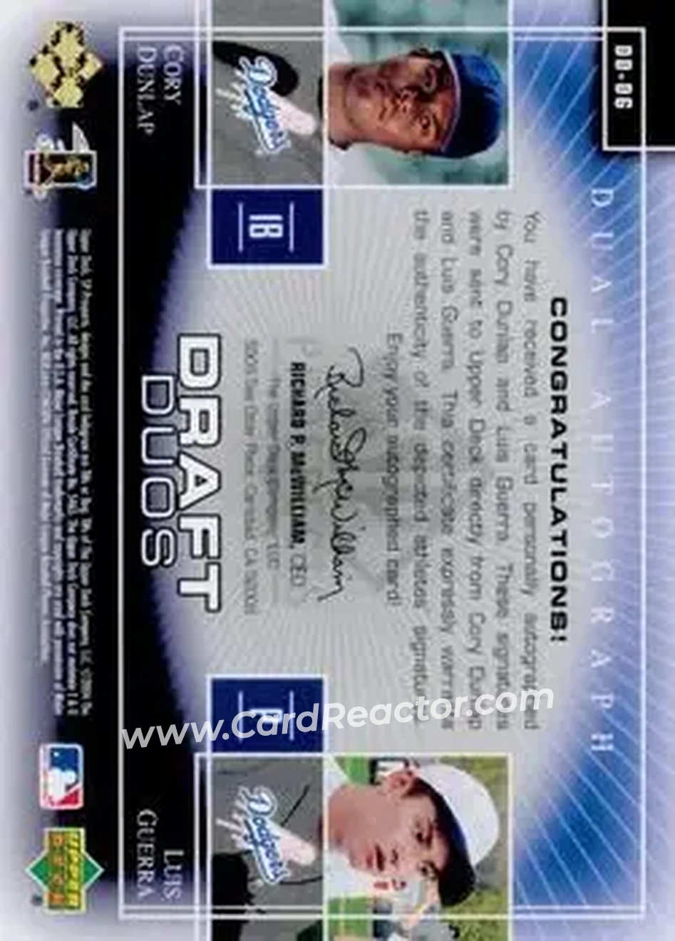 2004 SP Prospects - Draft Duos Dual Autographs #DD-DG - Cory Dunlap - Luis Guerra - Los Angeles Dodgers - Back