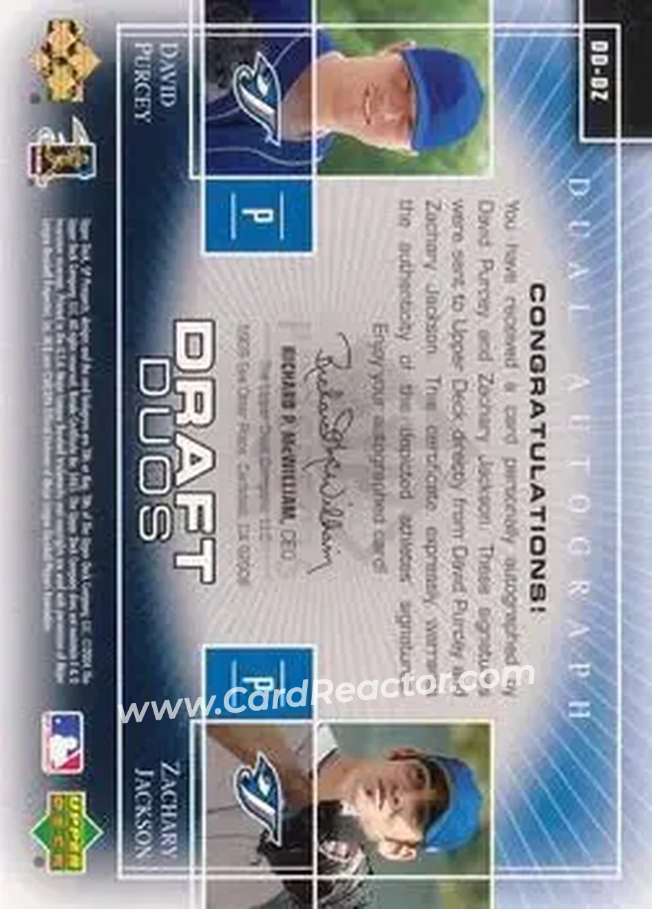 2004 SP Prospects - Draft Duos Dual Autographs #DD-DZ - David Purcey - Zachary Jackson - Toronto Blue Jays - Back