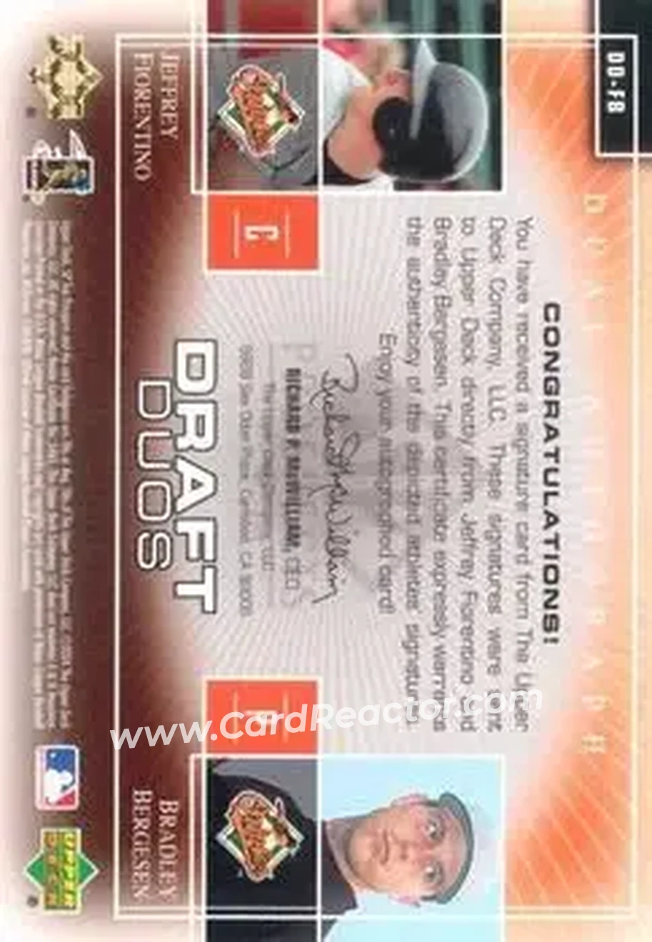2004 SP Prospects - Draft Duos Dual Autographs #DD-FB - Jeffrey Fiorentino - Bradley Bergesen - Baltimore Orioles - Back