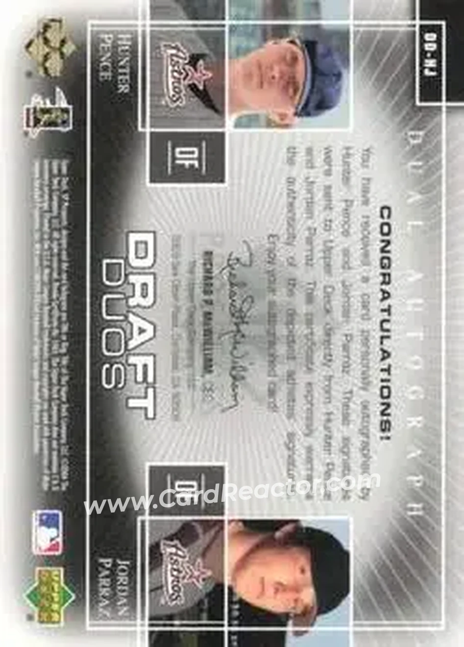 2004 SP Prospects - Draft Duos Dual Autographs #DD-HJ - Hunter Pence - Jordan Parraz - Houston Astros - Back