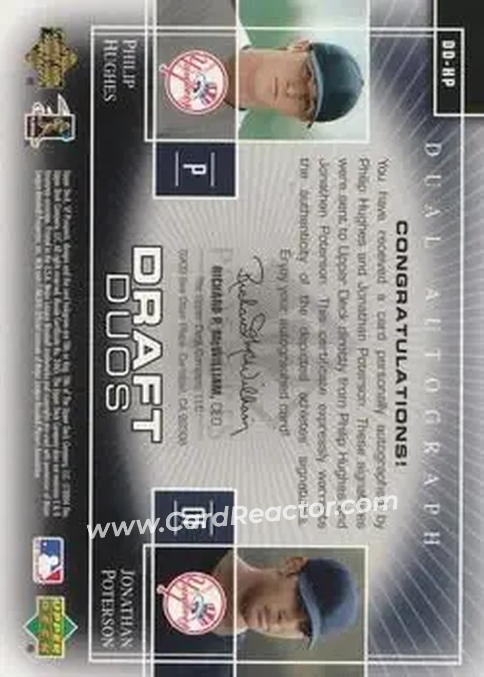 2004 SP Prospects - Draft Duos Dual Autographs #DD-HP - Phil Hughes - Jonathan Poterson - New York Yankees - Back 2004 SP Prospects - Draft Duos Dual Autographs #DD-HP - Phil Hughes - Jonathan Poterson - New York Yankees - Back