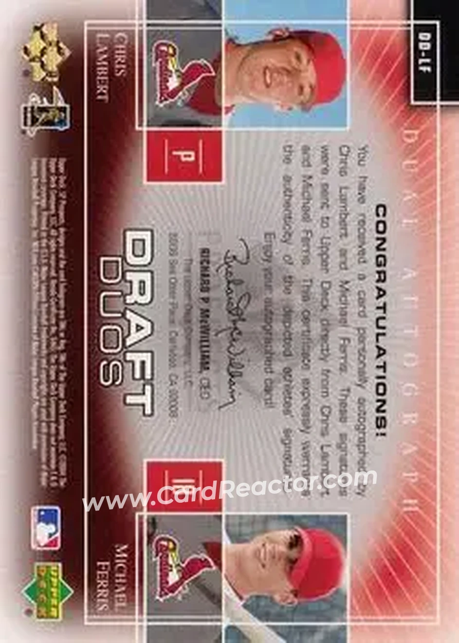 2004 SP Prospects - Draft Duos Dual Autographs #DD-LF - Chris Lambert - Mike Ferris - St. Louis Cardinals - Back 2004 SP Prospects - Draft Duos Dual Autographs #DD-LF - Chris Lambert - Mike Ferris - St. Louis Cardinals - Back