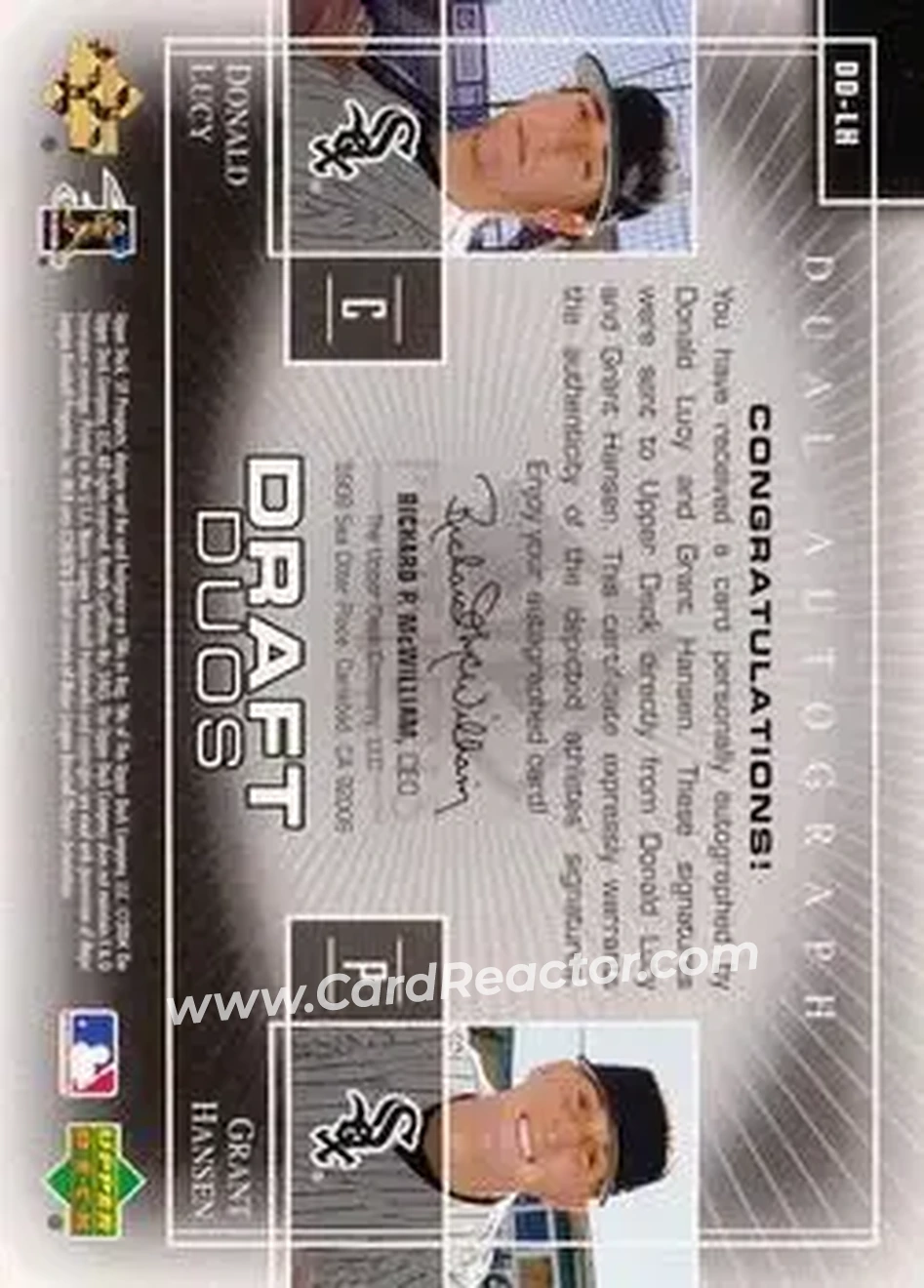 2004 SP Prospects - Draft Duos Dual Autographs #DD-LH - Donald Lucy - Grant Hansen - Chicago White Sox - Back 2004 SP Prospects - Draft Duos Dual Autographs #DD-LH - Donald Lucy - Grant Hansen - Chicago White Sox - Back