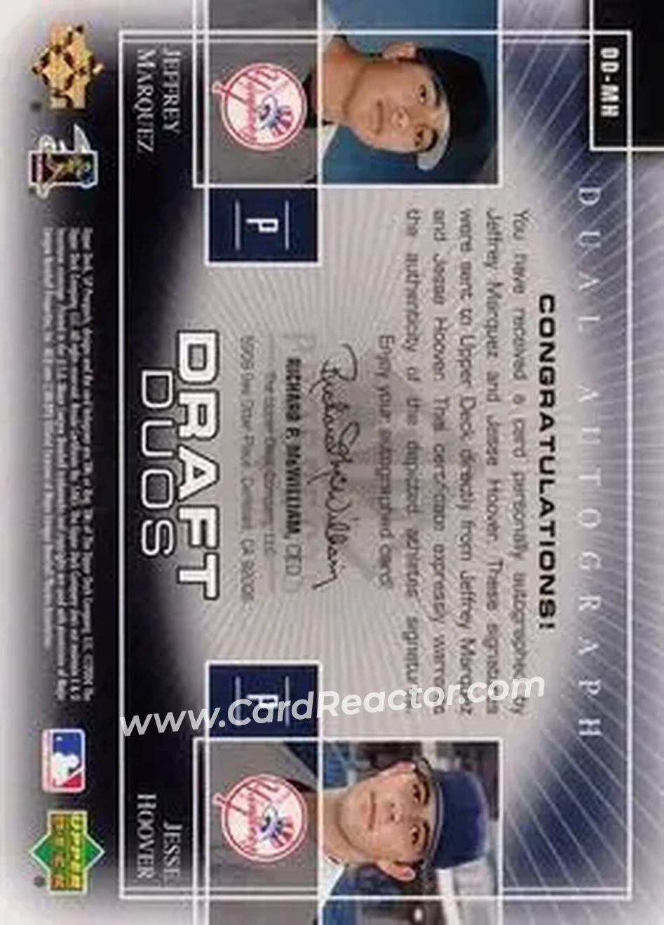 2004 SP Prospects - Draft Duos Dual Autographs #DD-MH - Jeffrey Marquez - Jesse Hoover - New York Yankees - Back 2004 SP Prospects - Draft Duos Dual Autographs #DD-MH - Jeffrey Marquez - Jesse Hoover - New York Yankees - Back