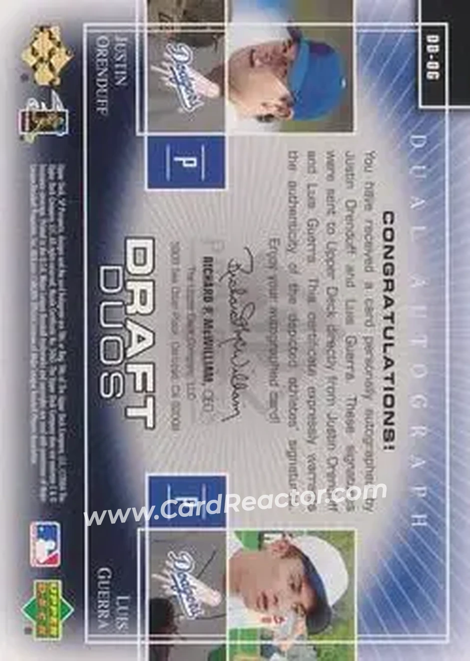 2004 SP Prospects - Draft Duos Dual Autographs #DD-OG - Justin Orenduff - Luis Guerra - Los Angeles Dodgers - Back