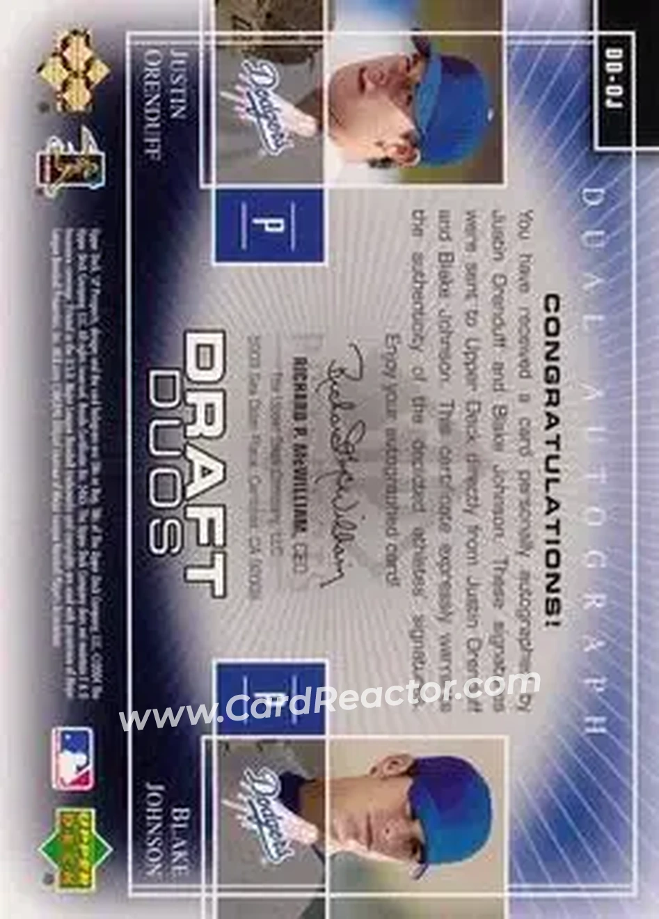 2004 SP Prospects - Draft Duos Dual Autographs #DD-OJ - Justin Orenduff - Blake Johnson - Los Angeles Dodgers - Back