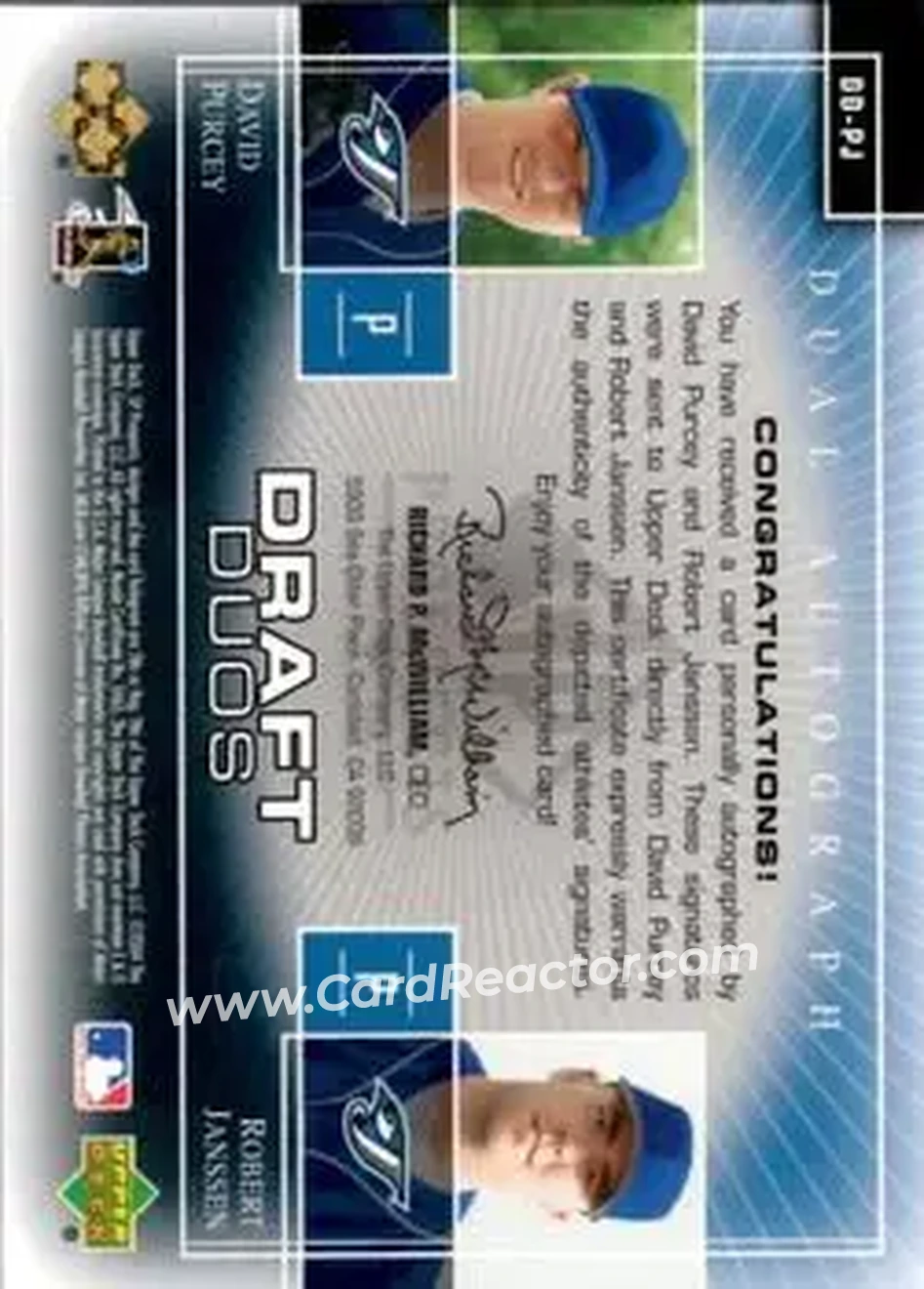 2004 SP Prospects - Draft Duos Dual Autographs #DD-PJ - David Purcey - Robert Janssen - Toronto Blue Jays - Back