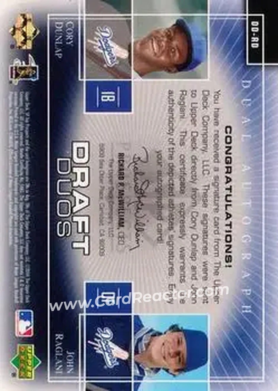 2004 SP Prospects - Draft Duos Dual Autographs #DD-RD - Cory Dunlap - John Raglani - Los Angeles Dodgers - Back