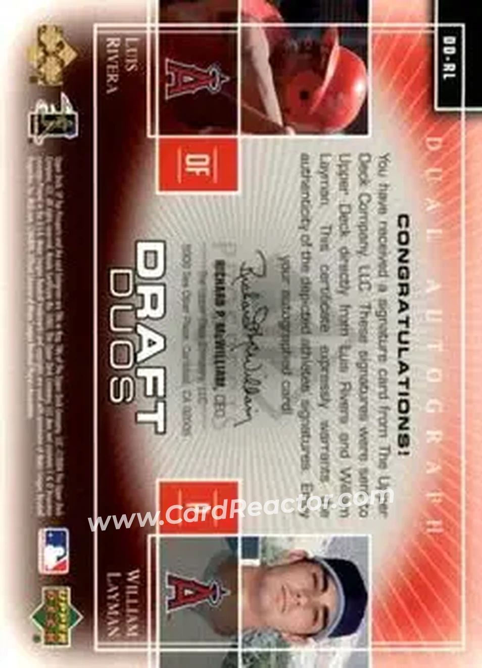 2004 SP Prospects - Draft Duos Dual Autographs #DD-RL - Luis Rivera - William Layman - Anaheim Angels - Back 2004 SP Prospects - Draft Duos Dual Autographs #DD-RL - Luis Rivera - William Layman - Anaheim Angels - Back