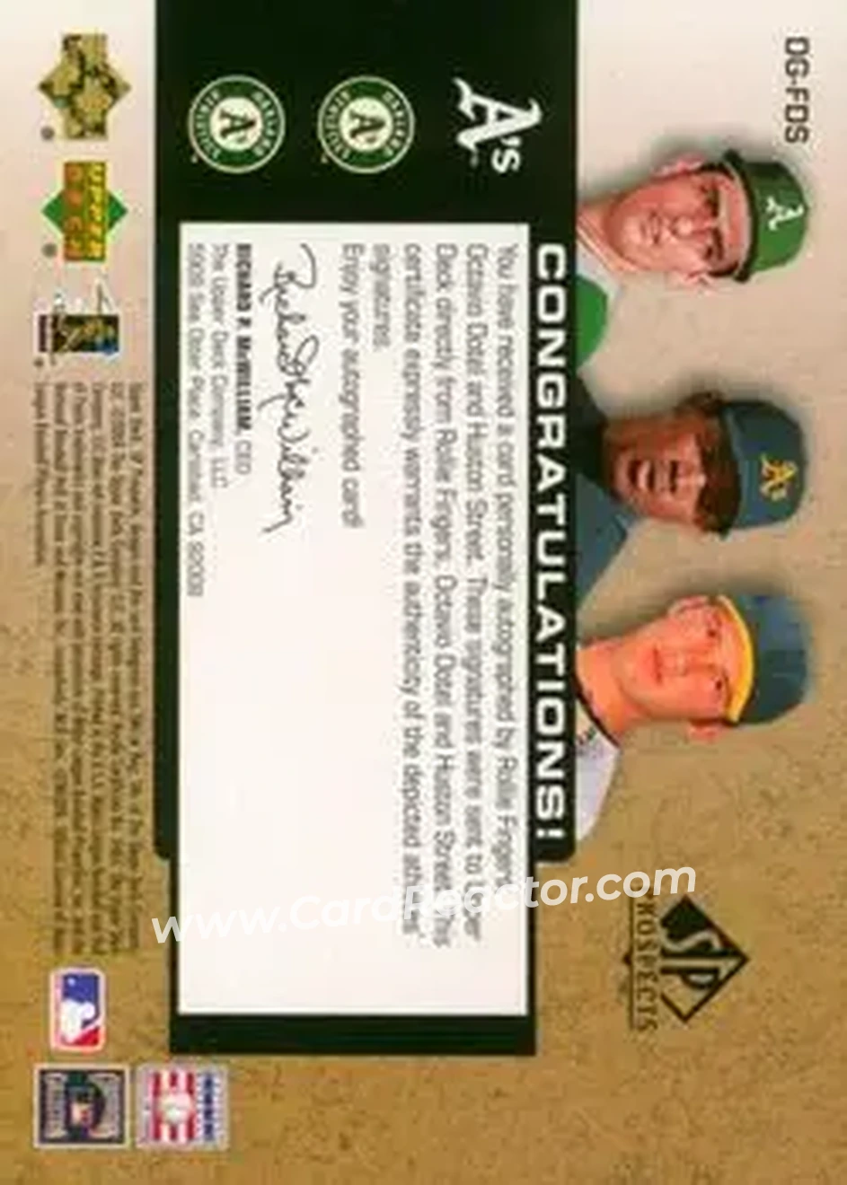 2004 SP Prospects - Draft Generations Triple Autographs #DG-FDS - Rollie Fingers - Octavio Dotel - Huston Street - Oakland Athletics - Back