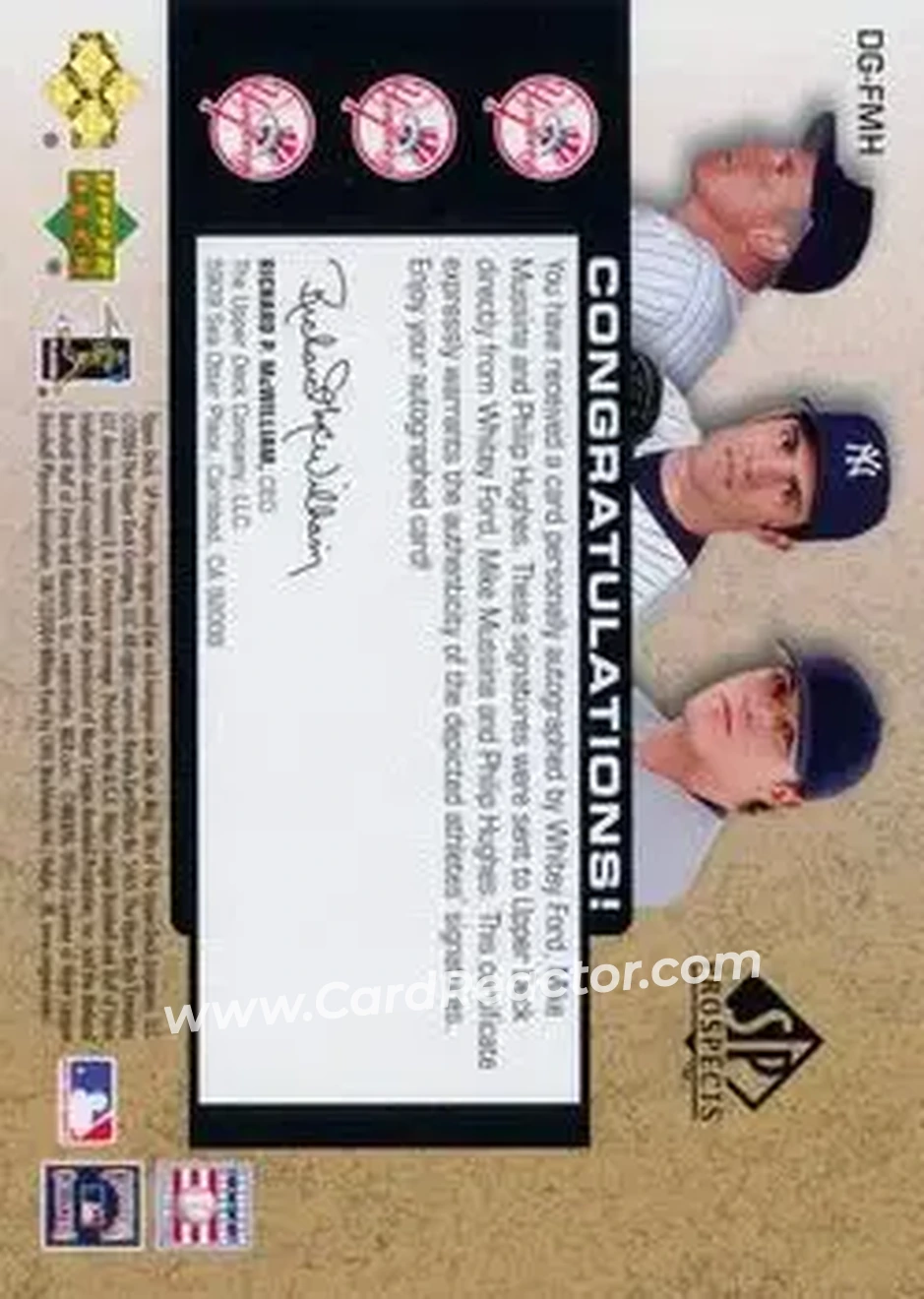 2004 SP Prospects - Draft Generations Triple Autographs #DG-FMH - Whitey Ford - Mike Mussina - Phil Hughes - New York Yankees - Back