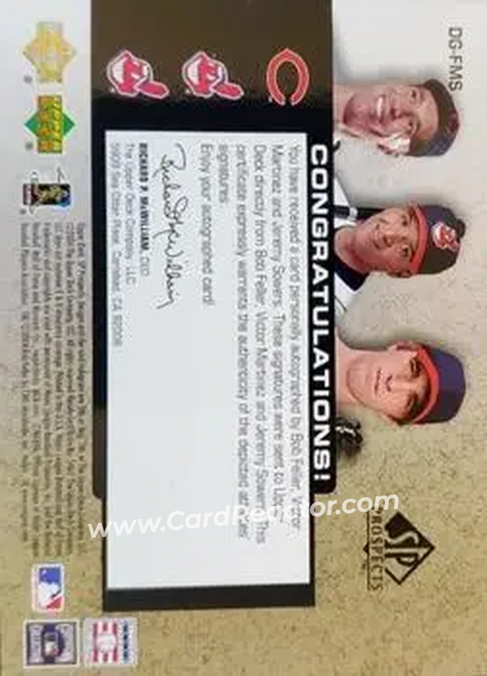 2004 SP Prospects - Draft Generations Triple Autographs #DG-FMS - Bob Feller - Victor Martinez - Jeremy Sowers - Cleveland Indians - Back