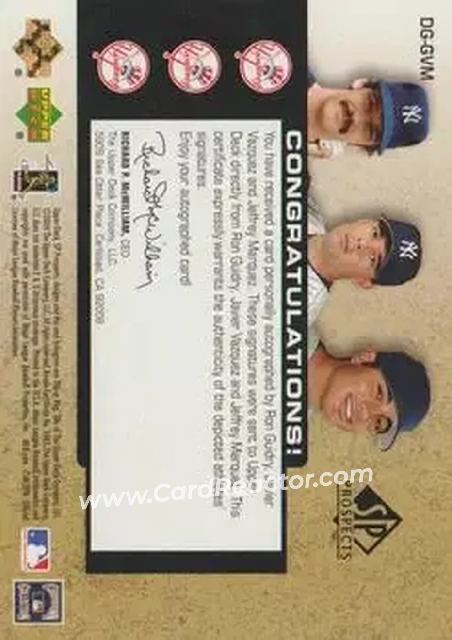 2004 SP Prospects - Draft Generations Triple Autographs #DG-GVM - Ron Guidry - Javier Vazquez - Jeffrey Marquez - New York Yankees - Back