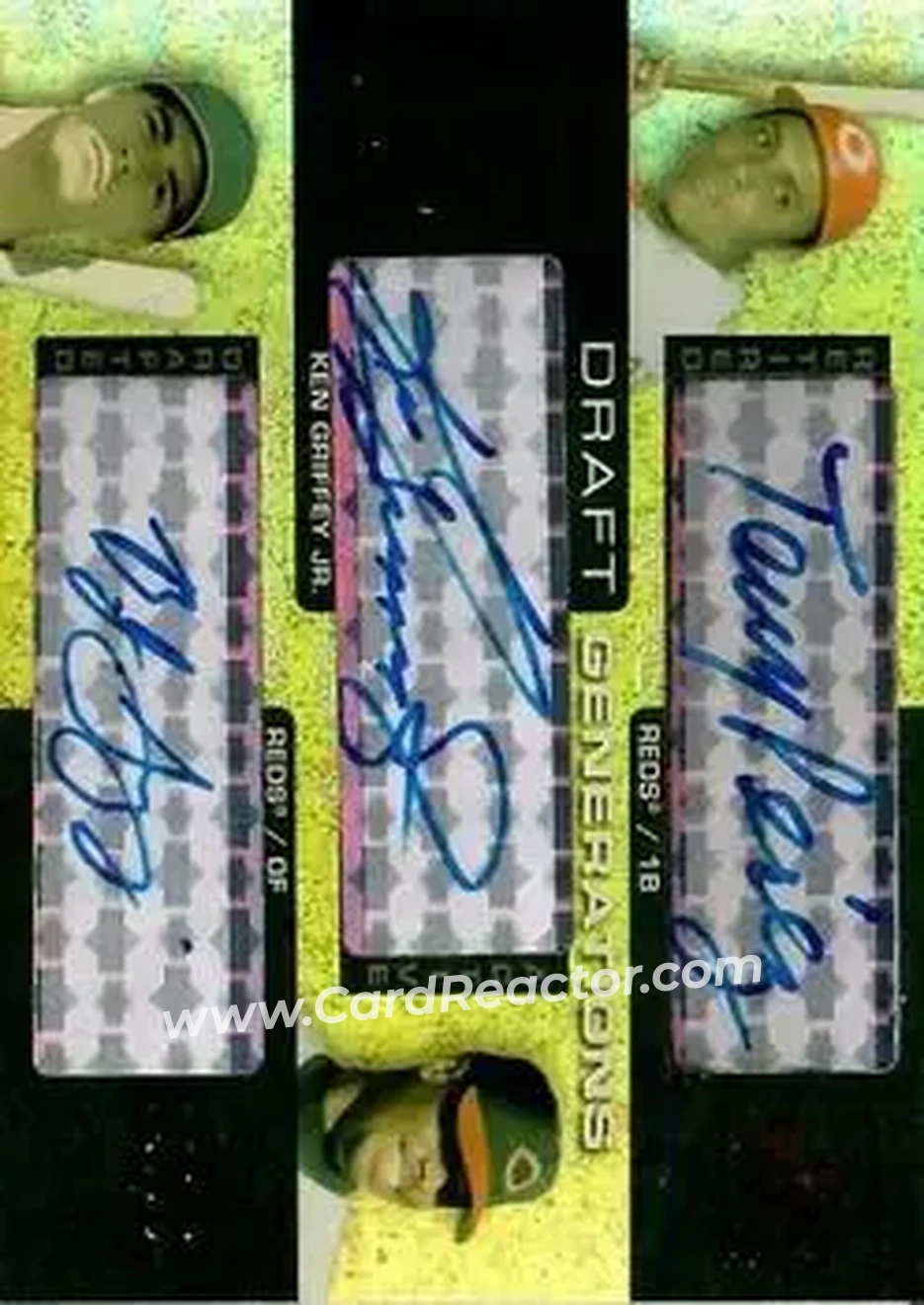 2004 SP Prospects - Draft Generations Triple Autographs #DG-PGS - Tony Perez - Ken Griffey Jr. - Brandon Szymanski - Cincinnati Reds - Front 2004 SP Prospects - Draft Generations Triple Autographs #DG-PGS - Tony Perez - Ken Griffey Jr. - Brandon Szymanski - Cincinnati Reds - Front