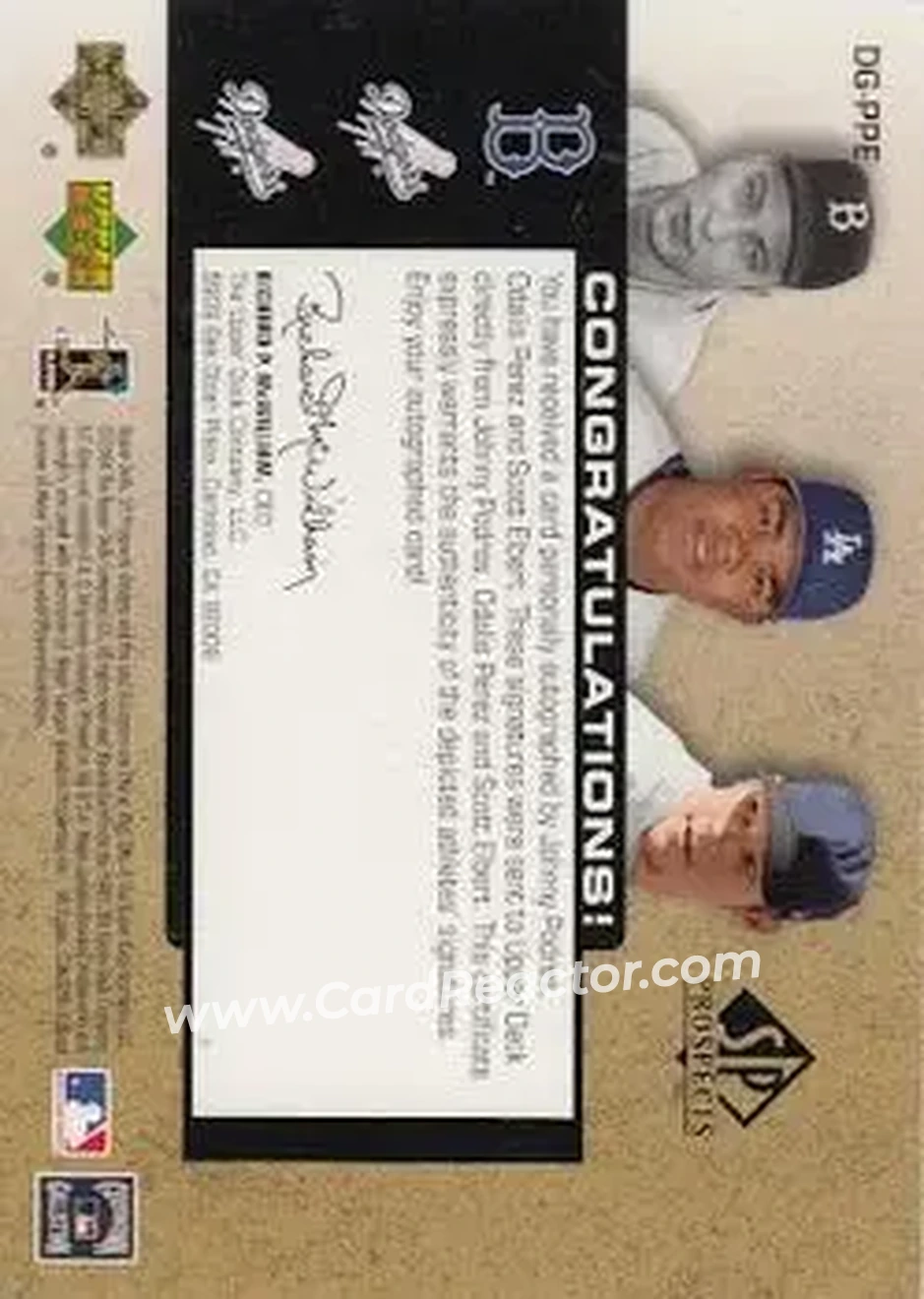 2004 SP Prospects - Draft Generations Triple Autographs #DG-PPE - Johnny Podres - Odalis Perez - Scott Elbert - Los Angeles Dodgers - Back 2004 SP Prospects - Draft Generations Triple Autographs #DG-PPE - Johnny Podres - Odalis Perez - Scott Elbert - Los Angeles Dodgers - Back