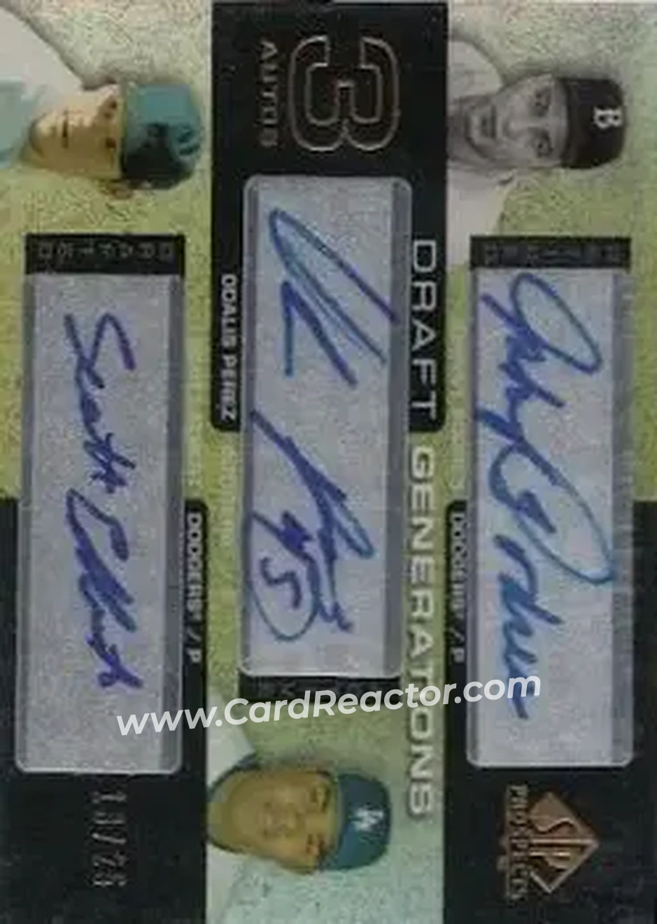 2004 SP Prospects - Draft Generations Triple Autographs #DG-PPE - Johnny Podres - Odalis Perez - Scott Elbert - Los Angeles Dodgers - Front 2004 SP Prospects - Draft Generations Triple Autographs #DG-PPE - Johnny Podres - Odalis Perez - Scott Elbert - Los Angeles Dodgers - Front