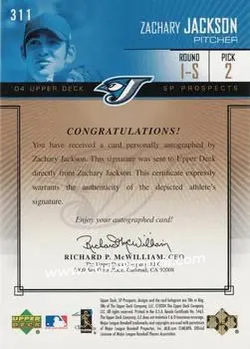 2004 SP Prospects - Gold #311 - Zach Jackson - Toronto Blue Jays - Back