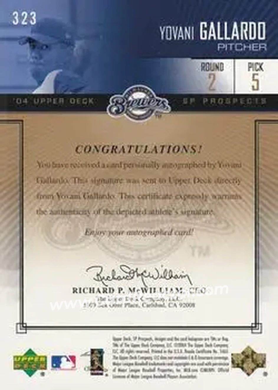 2004 SP Prospects - Gold #323 - Yovani Gallardo - Milwaukee Brewers - Back