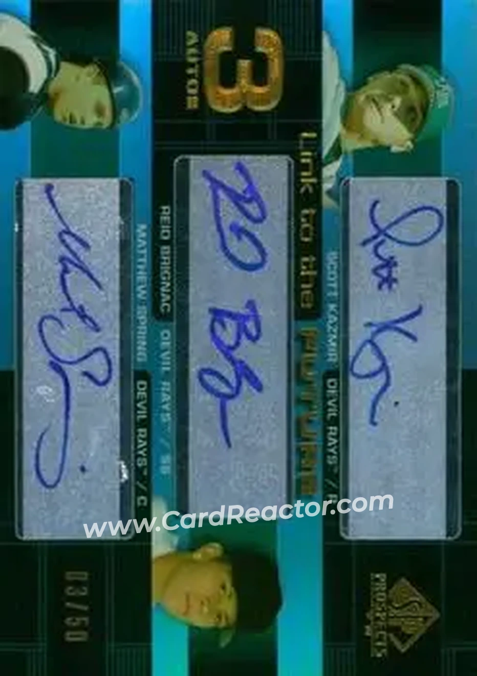 2004 SP Prospects - Link to the Future Triple Autographs #LFT-KBS - Scott Kazmir - Reid Brignac - Matthew Spring - Tampa Bay Devil Rays - Front