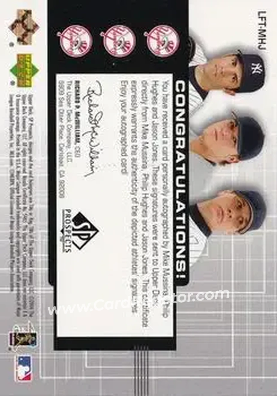 2004 SP Prospects - Link to the Future Triple Autographs #LFT-MHJ - Mike Mussina - Philip Hughes - Jason Jones - New York Yankees - Back