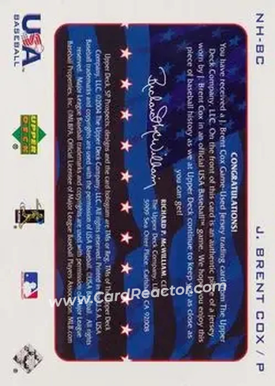 2004 SP Prospects - National Honors USA Jersey #NH-BC - J. Brent Cox - USA - Back
