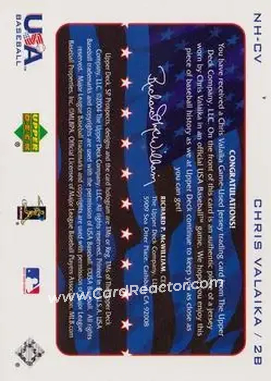 2004 SP Prospects - National Honors USA Jersey #NH-CV - Chris Valaika - USA - Back