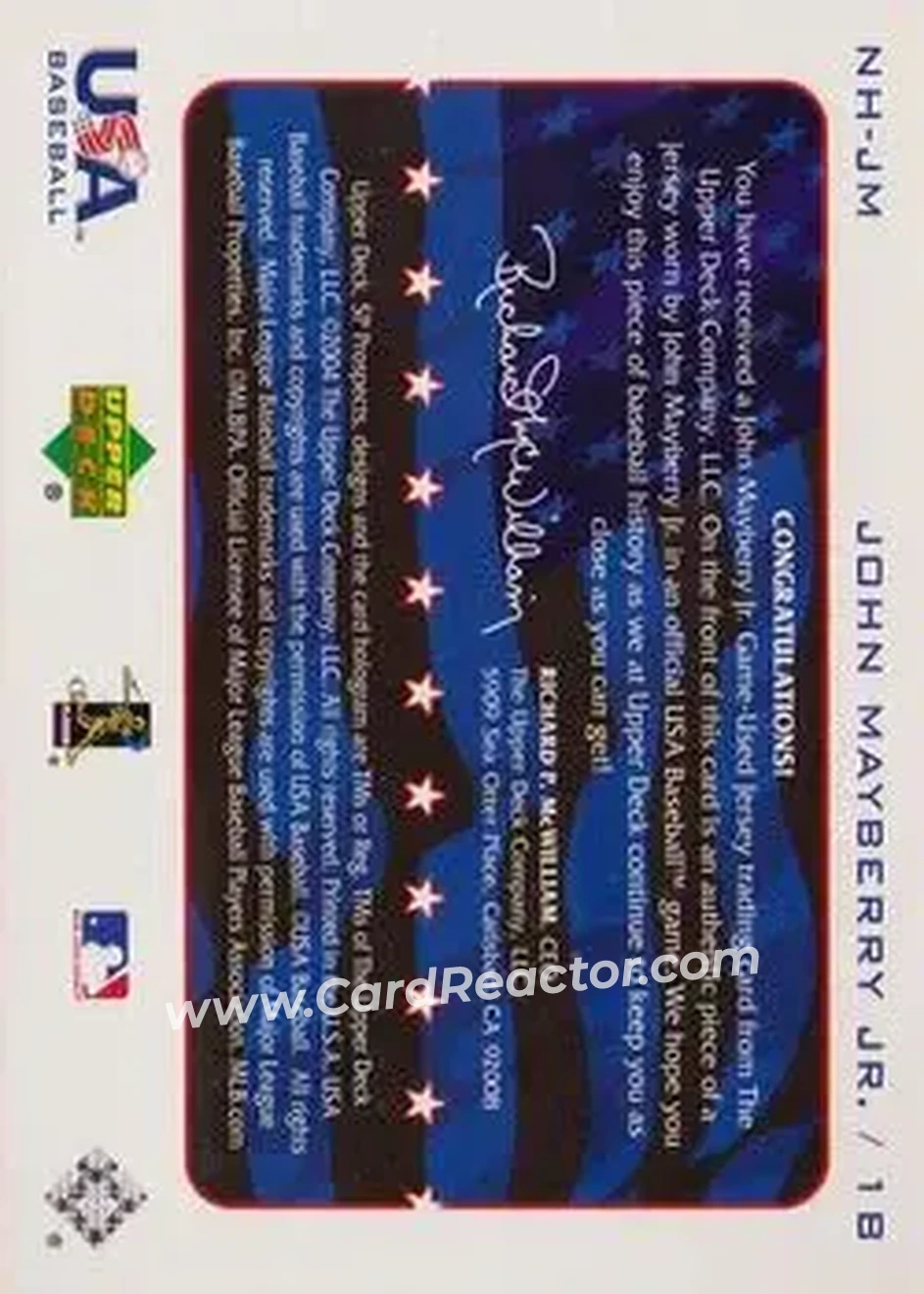2004 SP Prospects - National Honors USA Jersey #NH-JM - John Mayberry Jr. - USA - Back