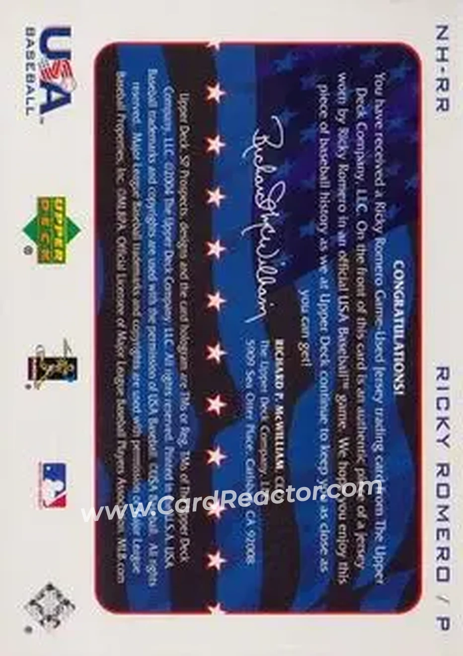 2004 SP Prospects - National Honors USA Jersey #NH-RR - Ricky Romero - USA - Back