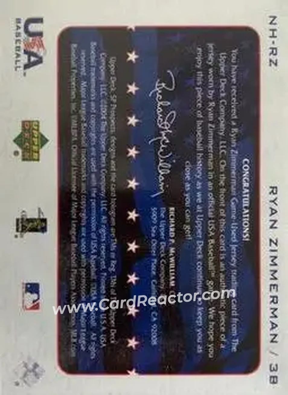2004 SP Prospects - National Honors USA Jersey #NH-RZ - Ryan Zimmerman - USA - Back