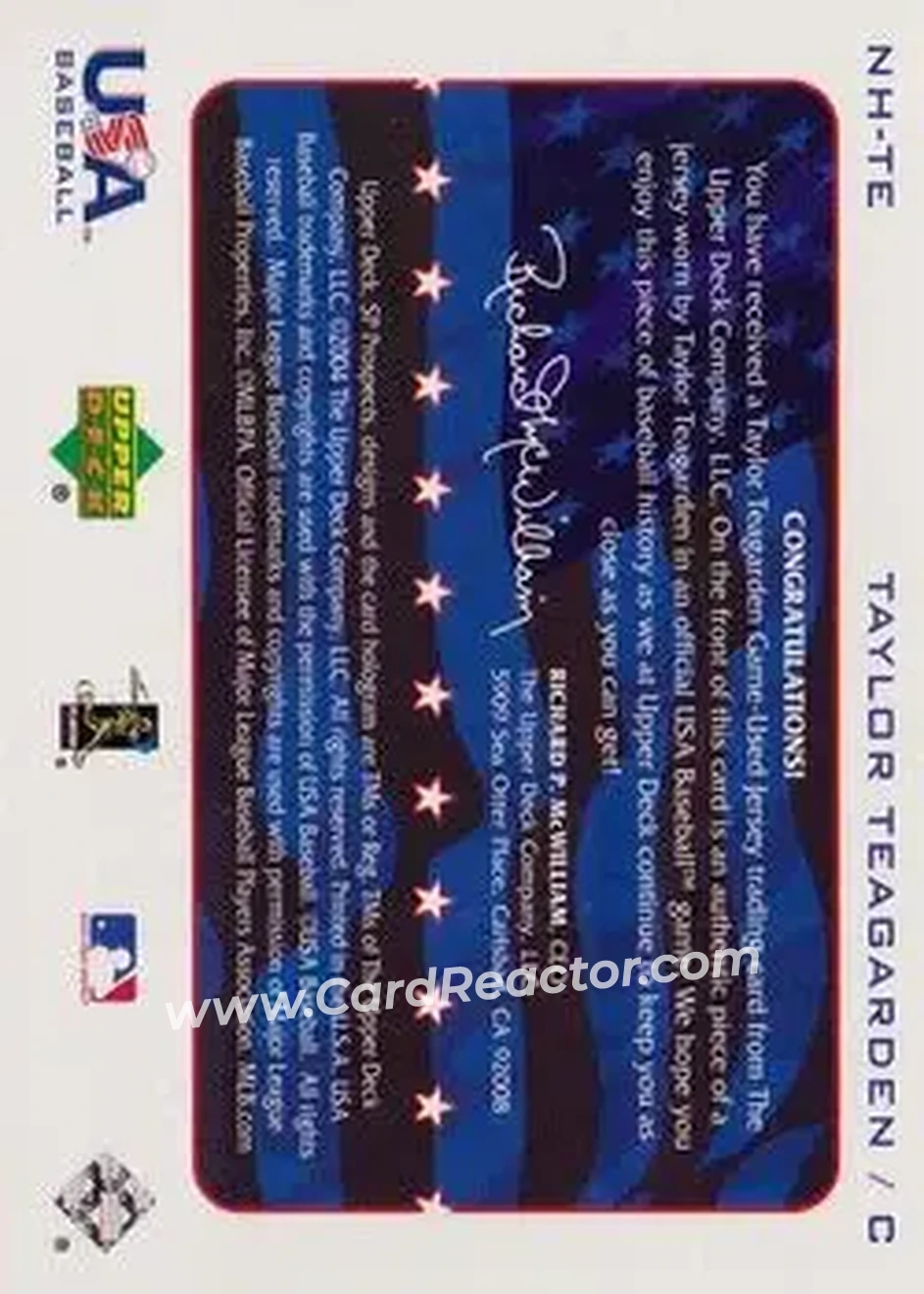 2004 SP Prospects - National Honors USA Jersey #NH-TE - Taylor Teagarden - USA - Back