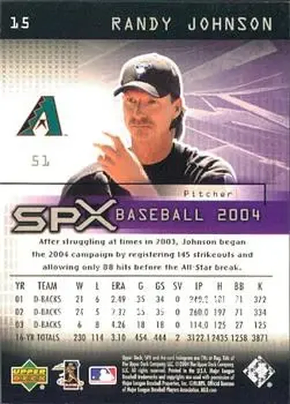 2004 SPx #15 - Randy Johnson - Arizona Diamondbacks - Back 2004 SPx #15 - Randy Johnson - Arizona Diamondbacks - Back
