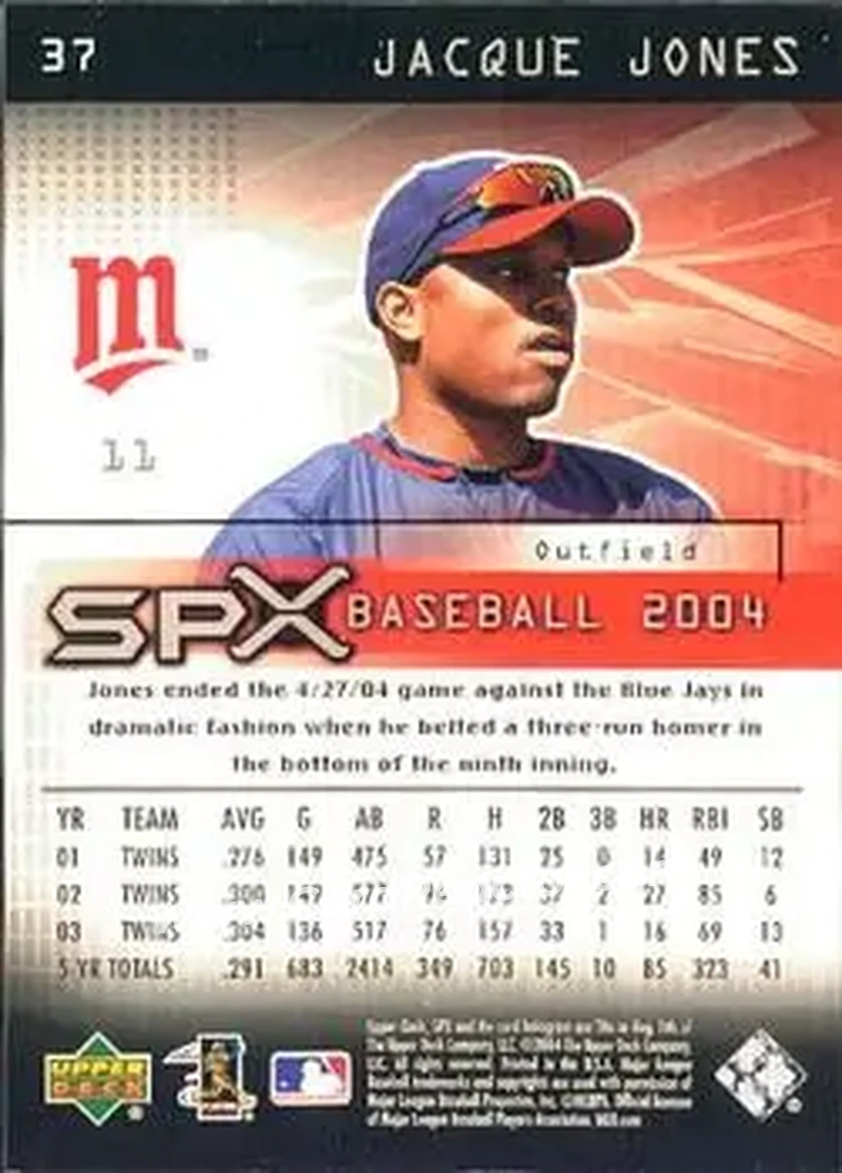 2004 SPx #37 - Jacque Jones - Minnesota Twins - Back 2004 SPx #37 - Jacque Jones - Minnesota Twins - Back