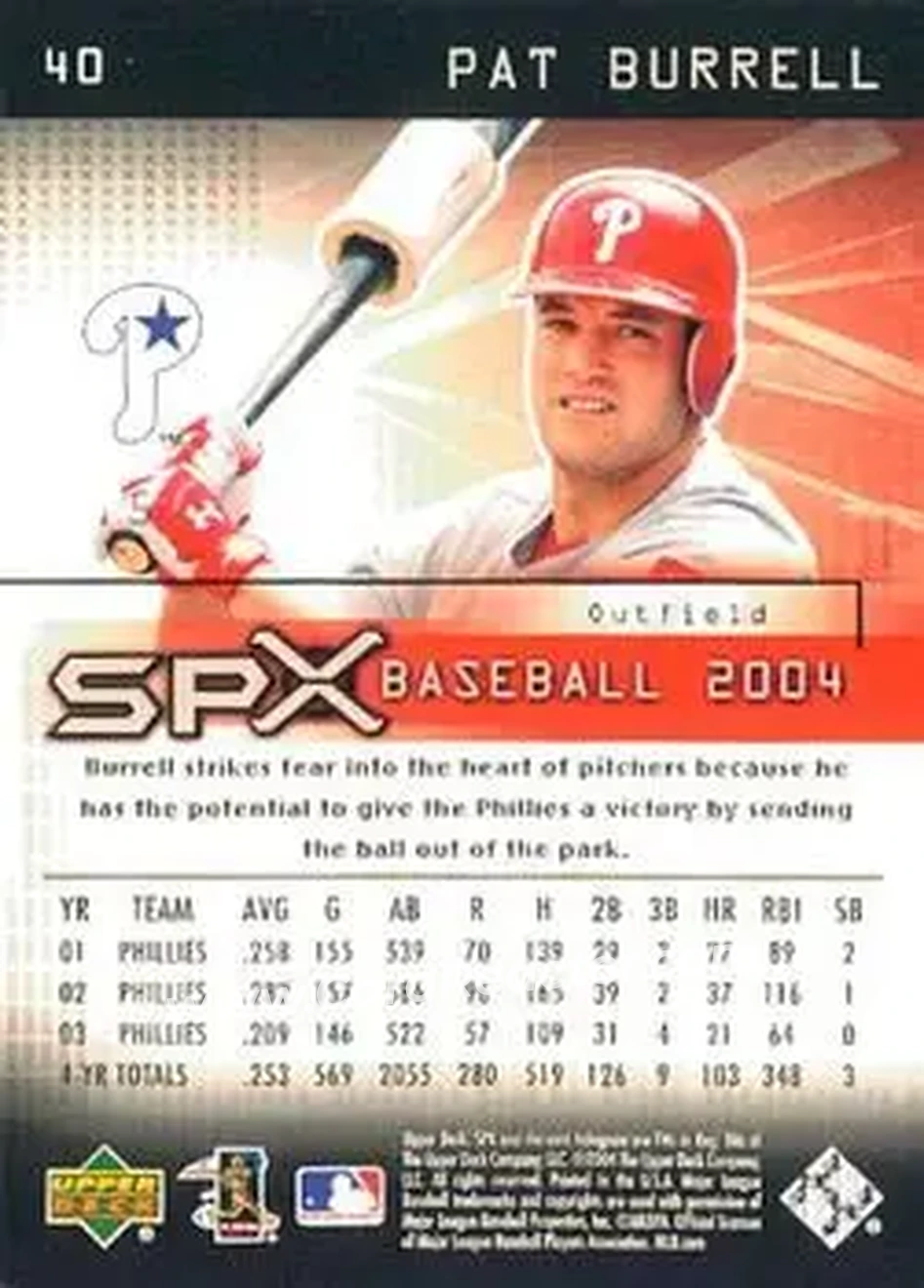2004 SPx #40 - Pat Burrell - Philadelphia Phillies - Back 2004 SPx #40 - Pat Burrell - Philadelphia Phillies - Back