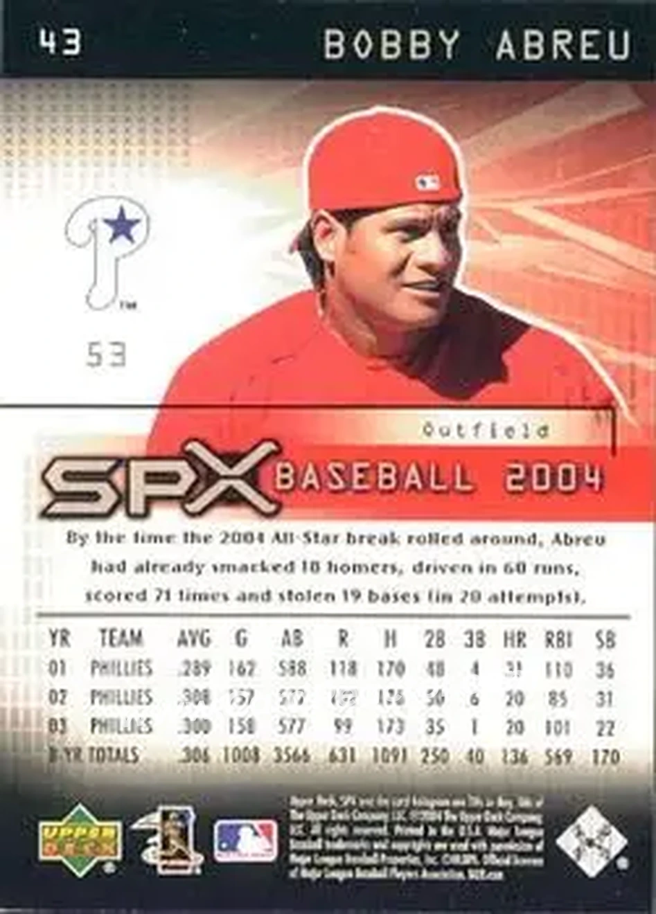 2004 SPx #43 - Bob Abreu - Philadelphia Phillies - Back 2004 SPx #43 - Bob Abreu - Philadelphia Phillies - Back