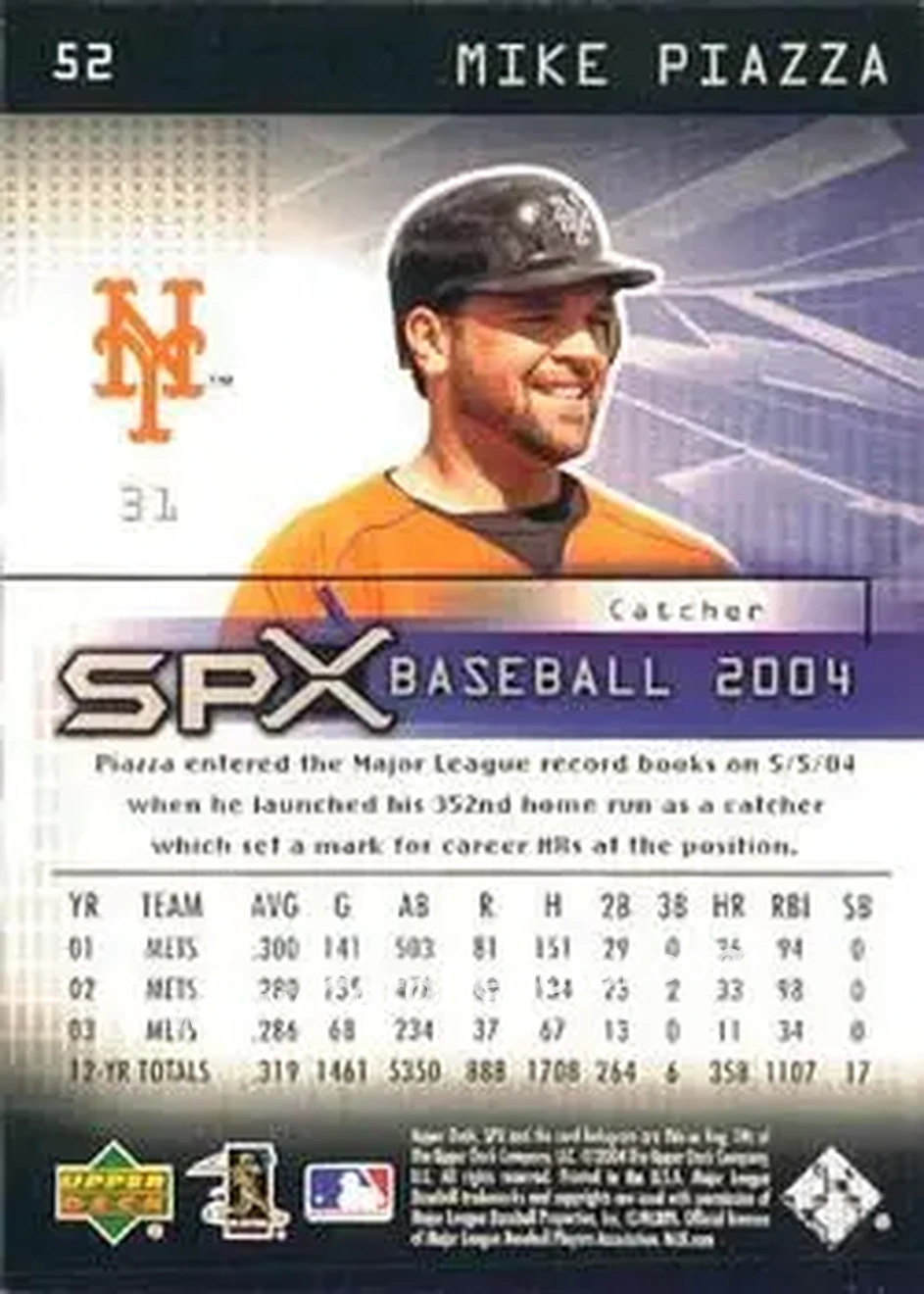 2004 SPx #52 - Mike Piazza - New York Mets - Back