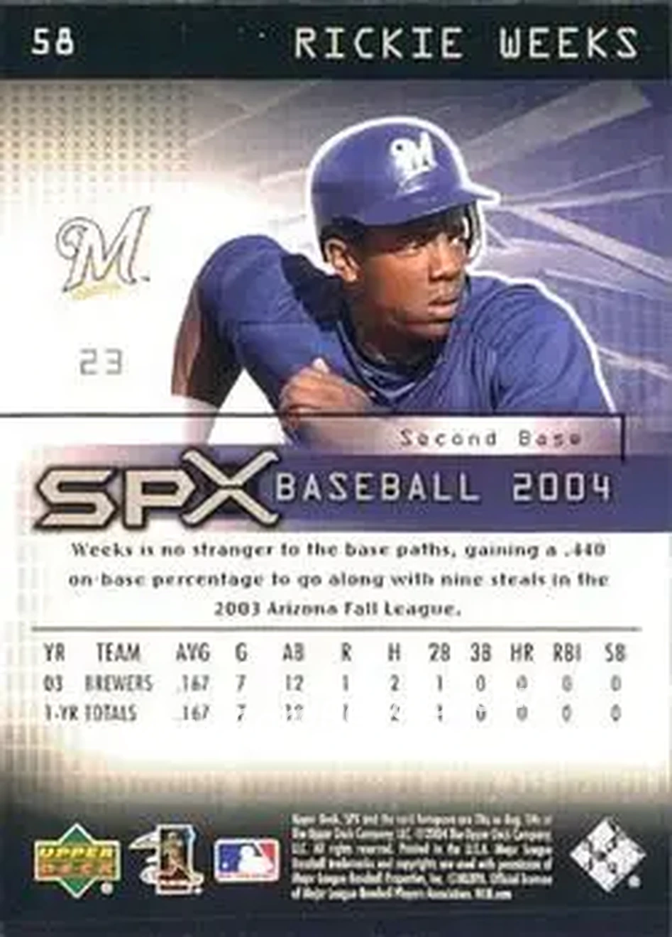 2004 SPx #58 - Rickie Weeks - Milwaukee Brewers - Back 2004 SPx #58 - Rickie Weeks - Milwaukee Brewers - Back