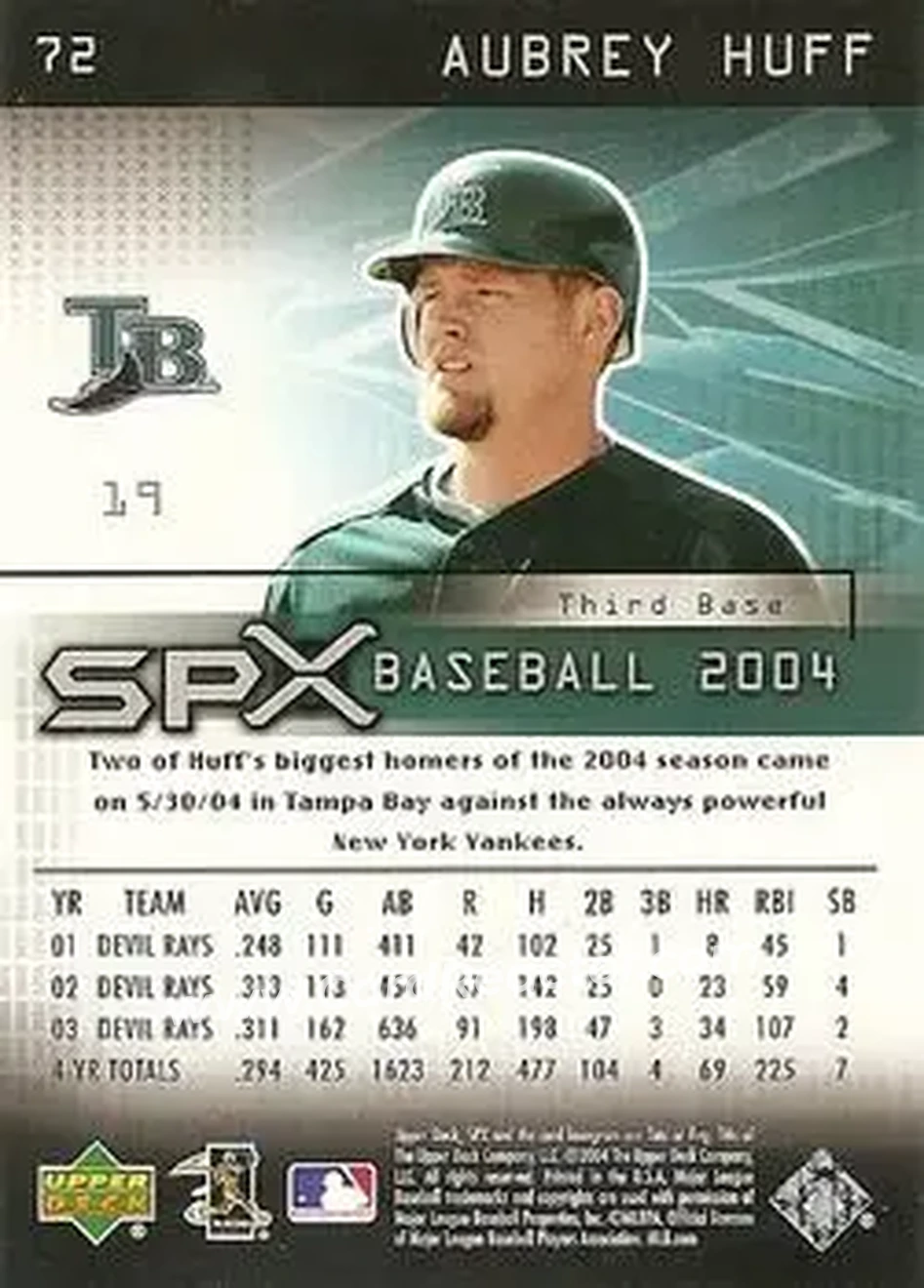 2004 SPx #72 - Aubrey Huff - Tampa Bay Devil Rays - Back