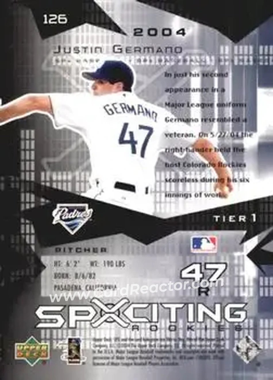 2004 SPx #126 - Justin Germano - San Diego Padres - Back 2004 SPx #126 - Justin Germano - San Diego Padres - Back