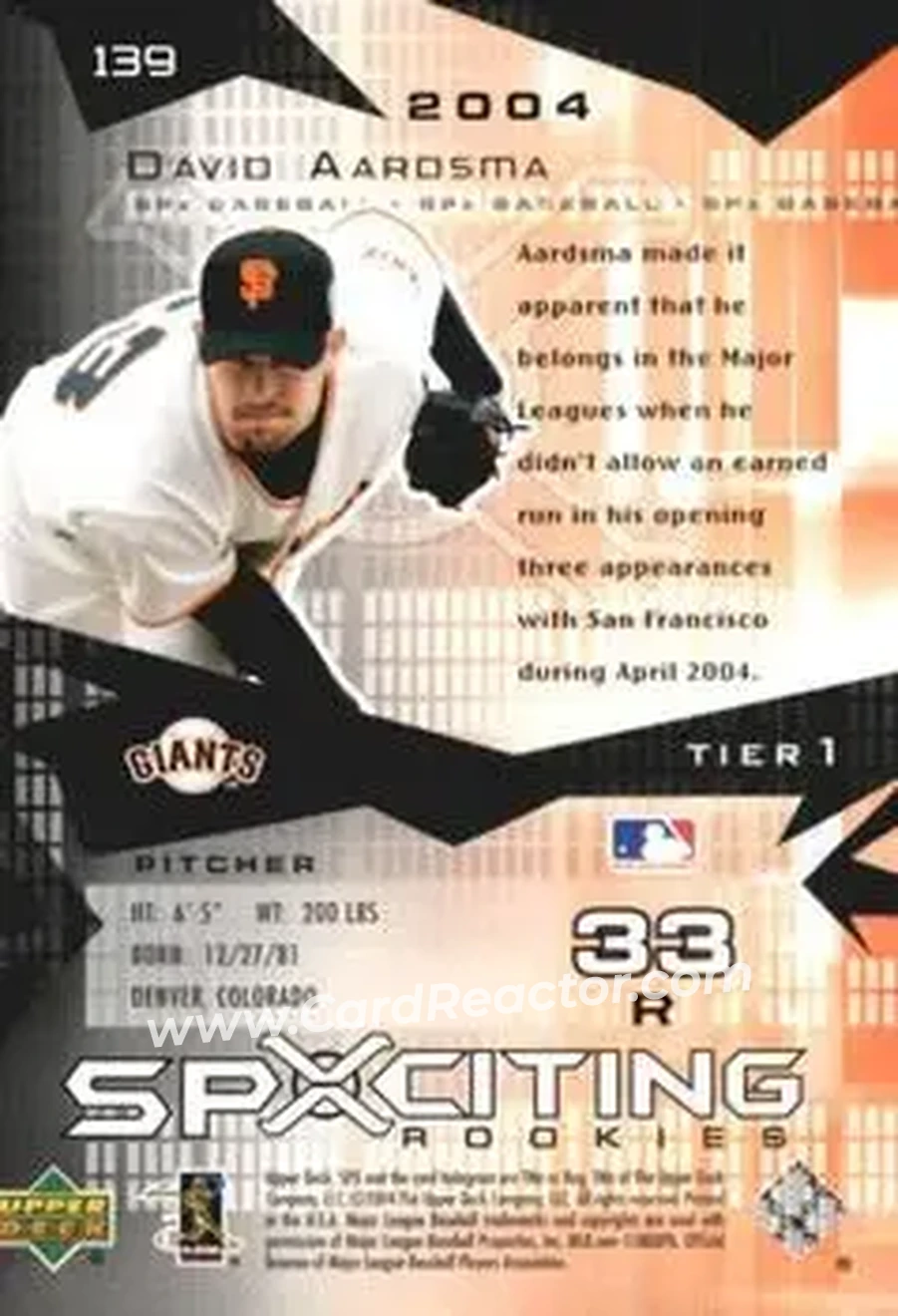 2004 SPx #139 - David Aardsma - San Francisco Giants - Back 2004 SPx #139 - David Aardsma - San Francisco Giants - Back