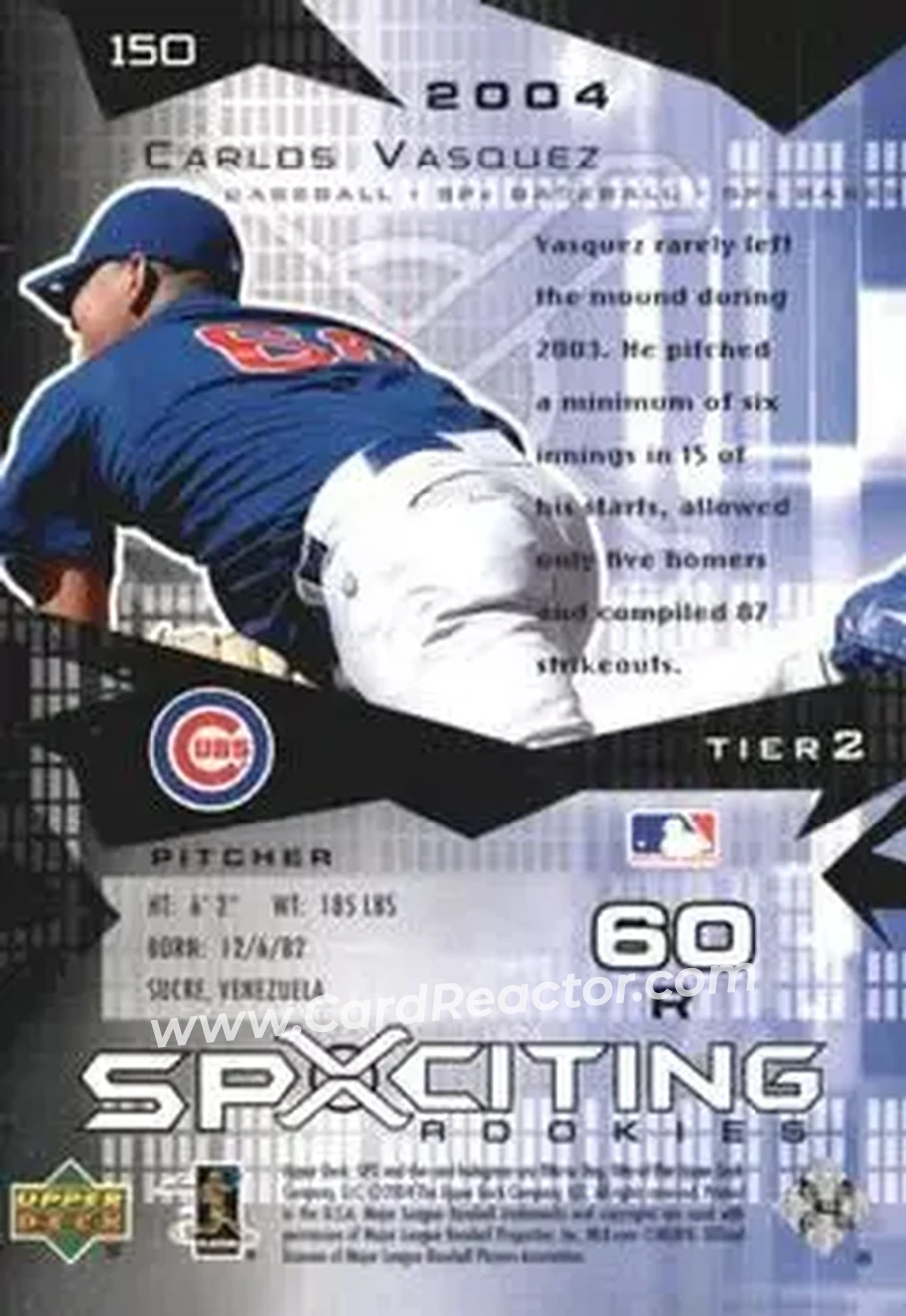 2004 SPx #150 - Carlos Vasquez - Chicago Cubs - Back 2004 SPx #150 - Carlos Vasquez - Chicago Cubs - Back
