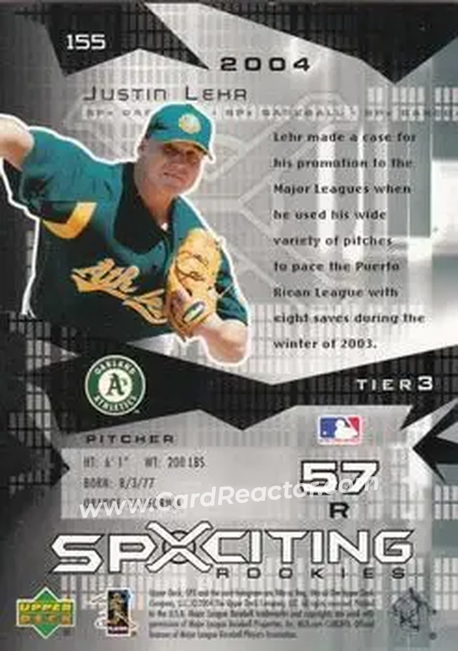 2004 SPx #155 - Justin Lehr - Oakland Athletics - Back 2004 SPx #155 - Justin Lehr - Oakland Athletics - Back