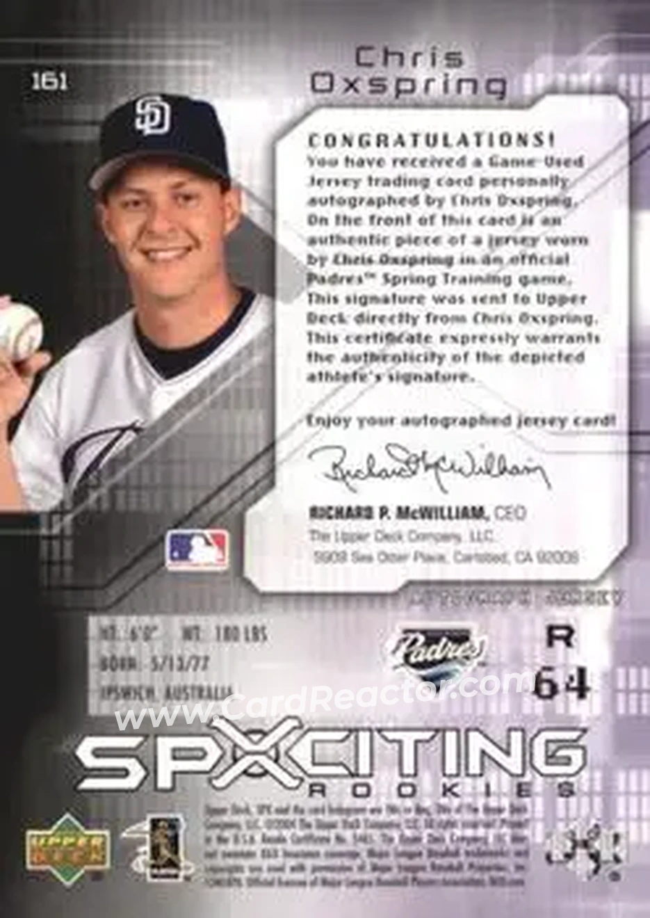 2004 SPx #161 - Chris Oxspring - San Diego Padres - Back 2004 SPx #161 - Chris Oxspring - San Diego Padres - Back
